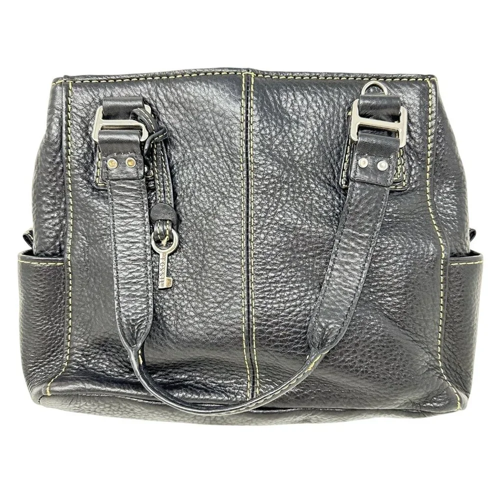 Vintage Fossil Black Pebbled Leather Handbag Satchel Purse - Picture 1 of 15